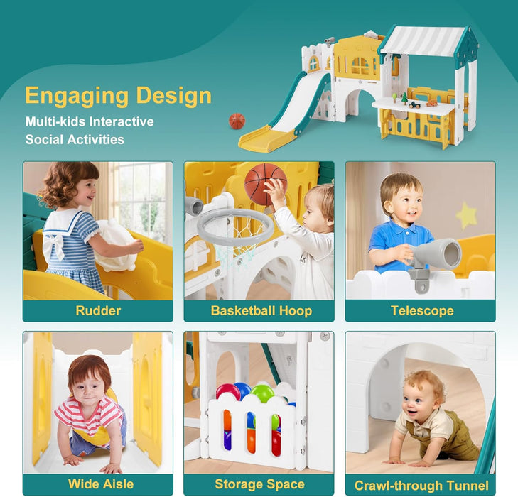 9 in 1 Toddler Slide, Freestanding Kid Climber Slide Playset, Toddler Playhouse with Slide, Basketball Hoop and Climbing Frame, Indoor Outdoor Backyard Playground Toy for Toddlers Age 1-3+