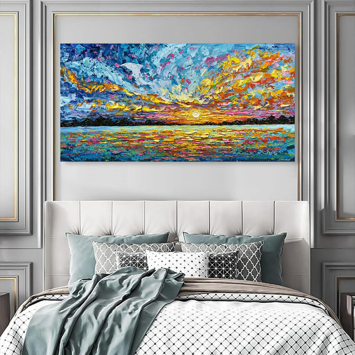 Art 30X60 Inch Hand-Painted Sea Sunrise Landscape Modern Abstract Oil Painting Large Canvas Art Hall Bedroom Office Wall Decoration