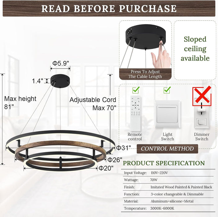 3 Ring LED Chandelier Modern Chandeliers Walnut Wood Black Dimmable 31''