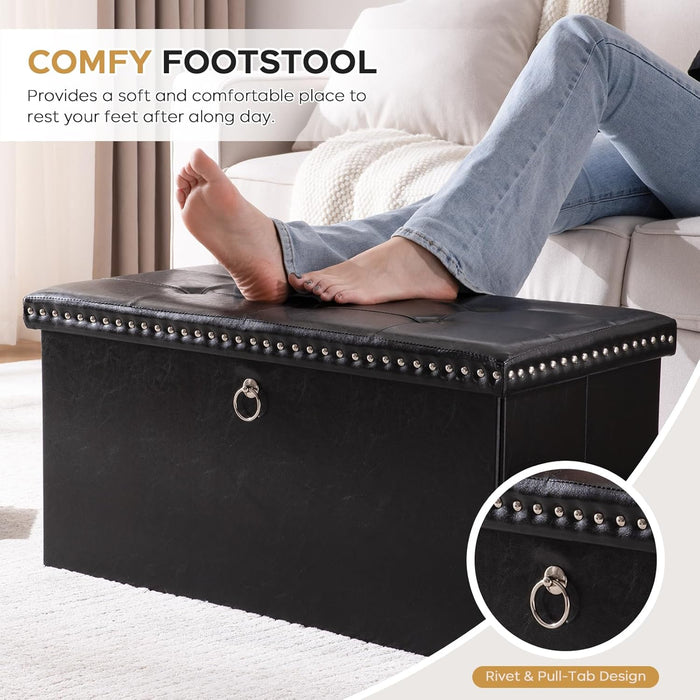 Folding Storage Ottoman Bench 30In, Leather Foot Rest Stools Ottoman with Storage, Coffee Table, End of Bed Bench Footstool for Living Room, Bedroom, Load 330 Lb, 30X15X15 Inches, Black