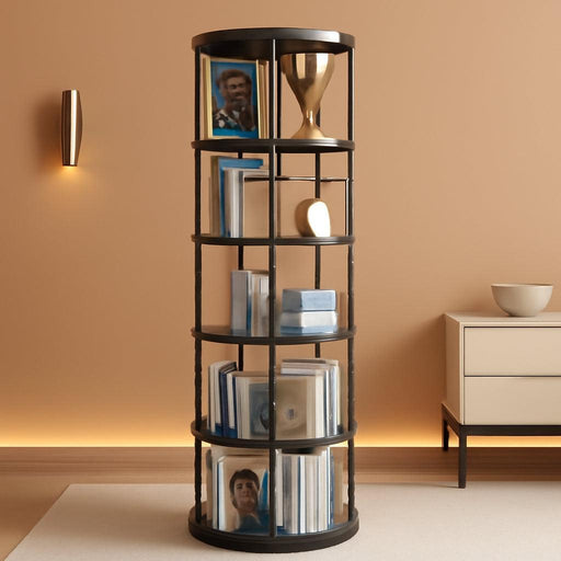5 Tier Rotating Bookshelf Tower round Black,62”Tall Standing Spinning Bookshelf Tower Anti-Tipping Design,Metal & Wood Revolving Bookcase Stackable Space Saving for Small Spaces,Study,Living Room