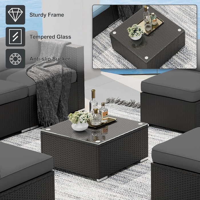 8-Piece Outdoor Patio Furniture Sofa Set All-Weather Wicker Sectional Conversation Set with Modern Glass Coffee Table, Cushions and Fire Pit Table, Dark Grey