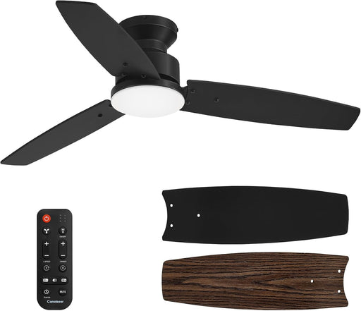 Modern 42 Inch Ceiling Fans with Lights and Remote for Bedroom Office, Flush Mount, 18W 6CCT Dimmable, Dual Color 3 Blades 6 Speed Reversible Quiet DC Motor, Black/Wood Grain