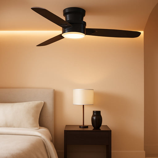 Modern 42 Inch Ceiling Fans with Lights and Remote for Bedroom Office, Flush Mount, 18W 6CCT Dimmable, Dual Color 3 Blades 6 Speed Reversible Quiet DC Motor, Black/Wood Grain