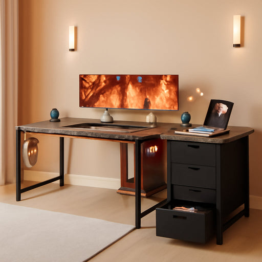 L Shaped Desk with 4 Tier Drawers, 53" Reversible Gaming Desk with Power Outlets, L Shaped Computer Desk with USB Charging Port and Host Stand, Home Office Corner Desk, Easy to Assemble, Vintage