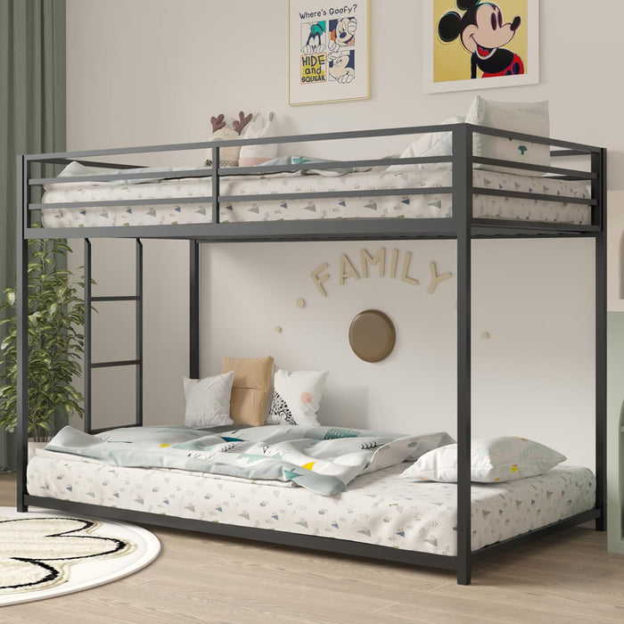 Twin Bunk Bed with Stable Ladder, Twin over Bed Frame with Full-Length Guardrail, Low Platform Bed Frame for Adults, Teens, Boys,Girls, No Box Spring Needed, Black