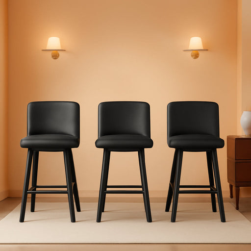 Swivel Bar Stools, 26''H Upholstered Barstools with Backs, Modern Counter Height Bar Stool Chairs for Kitchen Island, Metal Legs (Black- Faux Leather, Set of 3-26" H)