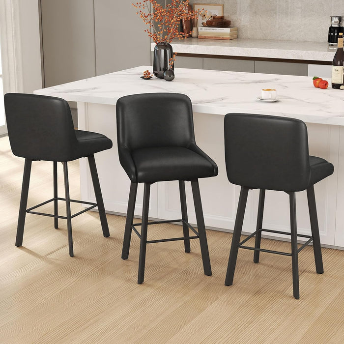 Swivel Bar Stools, 26''H Upholstered Barstools with Backs, Modern Counter Height Bar Stool Chairs for Kitchen Island, Metal Legs (Black- Faux Leather, Set of 3-26" H)