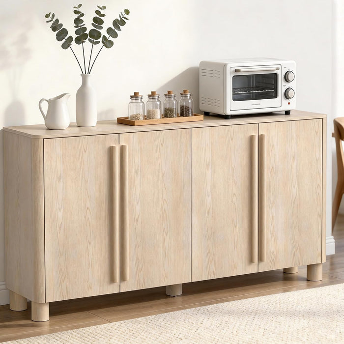 65" Sideboard Buffet Cabinet with Storage, Wood Grain Top Credenza with Adjustable Shelves, Curved Accent Cabinet with round Legs for Living Room, Entryway, Coffee Bar, Natural Wood