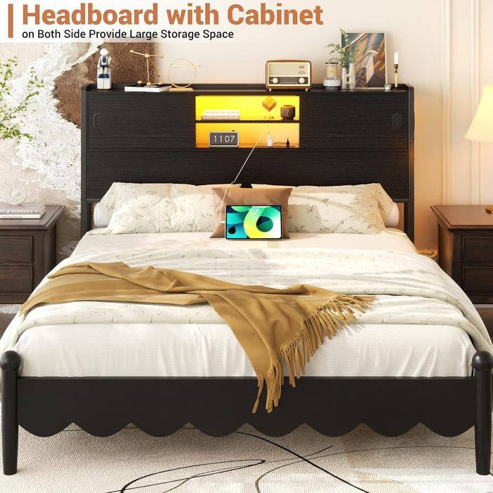 Headboard for Queen Size Bed with Storage, Sturdy Bookcase Headboards with Outlet, USB & LED Light, Queen Size Headboard Only, Head Board with Sliding Doors & Bed Adapter for Bedroom, Black
