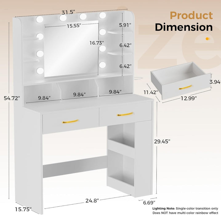 Vanity Desk with LED Lights Mirror & Charging Station, Makeup Vanity with Storage Drawers and Shelves, Modern Dressing Table for Women Girls Bedroom, Ivory White