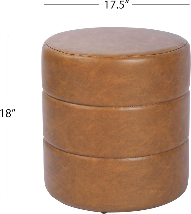 Upholstered Faux Leather round Ottoman (No Lid, Seat Only) |  Home Décor | Foot Rest Pouf – Camel Brown