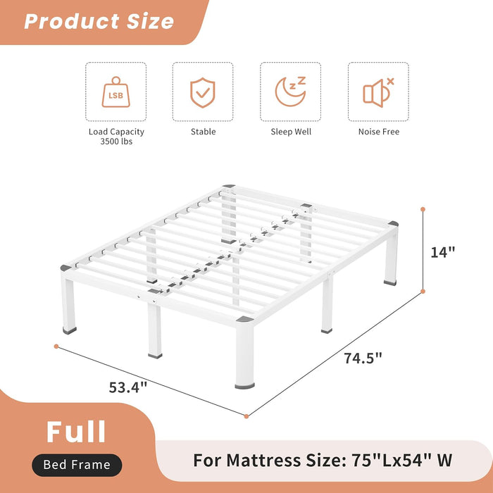 14 Inch White Full Heavy Duty 3500Lbs Bed Frame with Round-Corner