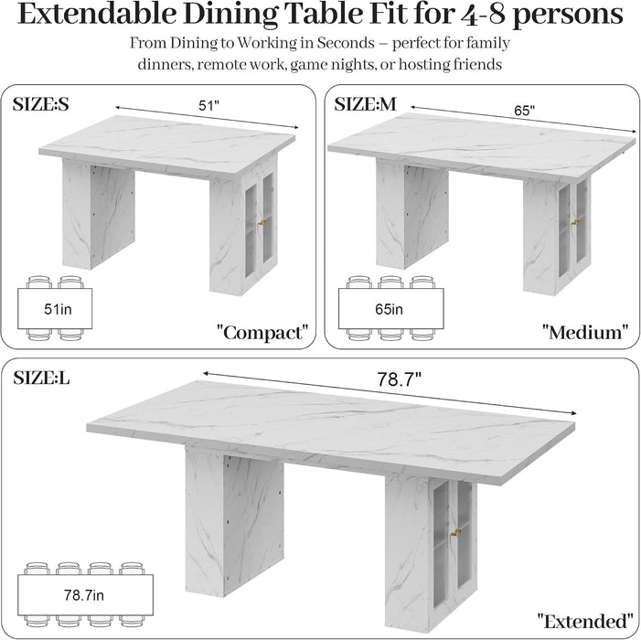 51"-78" Extendable Dining Table for 4-8, White Faux Marble Dining Table | Modern Kitchen Table with Hidden Storage, Rectangle Dinner Tables for Dining Room Kitchen Living Room (White Marble)