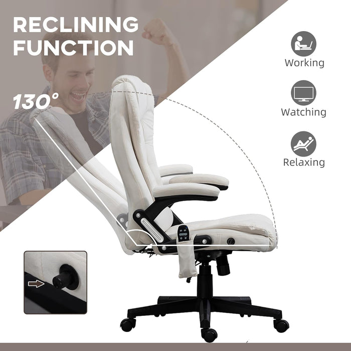 6 Point Vibrating Massage Office Chair with Heat, Velvet High Back Executive Office Chair with Reclining Backrest, Padded Armrests and Remote, Cream White