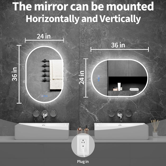 Oval LED Bathroom Mirror, 24"X 36" Frameless LED Mirror with Front Light and Backlit, Anti-Fog, Dimmable Modern Wall Mounted Lighted Mirror, Pill-Shaped Smart Mirror Bathroom