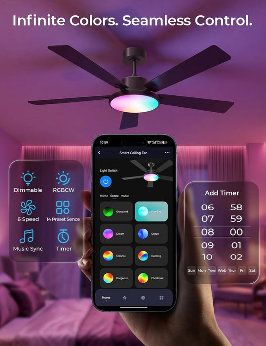 Cinoton 52 Inch Black Smart Ceiling Fan Wireless