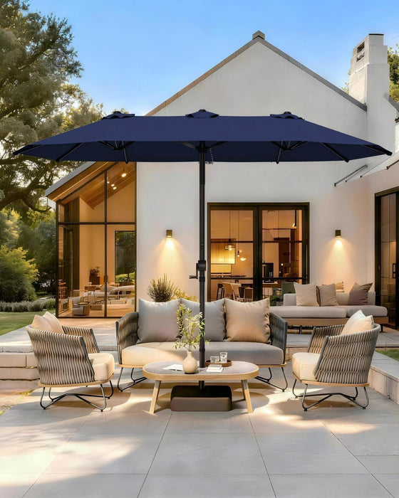 15Ft Patio Umbrella with Base Include, Large Outdoor Double-Sided Rectangle Umbrella with Easy Crank Handle for Poolside, Garden & Deck - Navy Blue