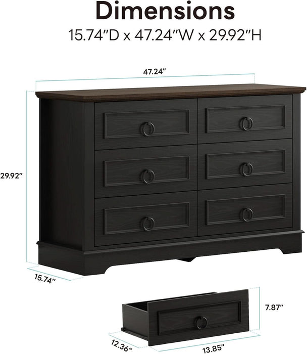 Farmhouse 6 Drawers Dresser for Bedroom, 47.2" W Modern Dresser with round Metal Handle, Thickened Desktop, Wood Rustic Chest of Drawers for Bedroom, Hallway, Entryway, Black
