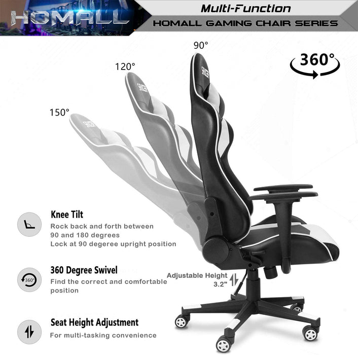 Gaming Chair, Office Chair High Back Computer Chair Leather Desk Chair Racing Executive Ergonomic Adjustable Swivel Task Chair with Headrest and Lumbar Support (White)