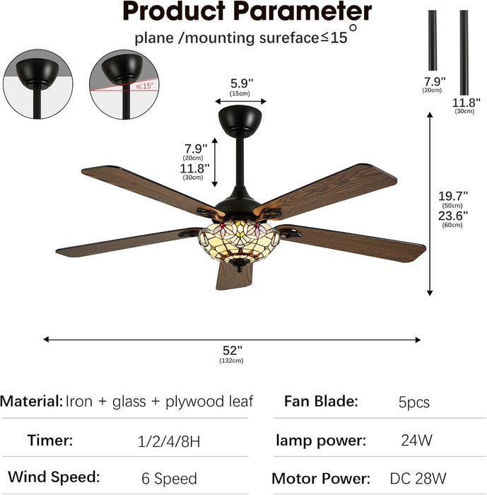 52" Tiffany Style Ceiling Fans with Lights, Red Dot, Black
