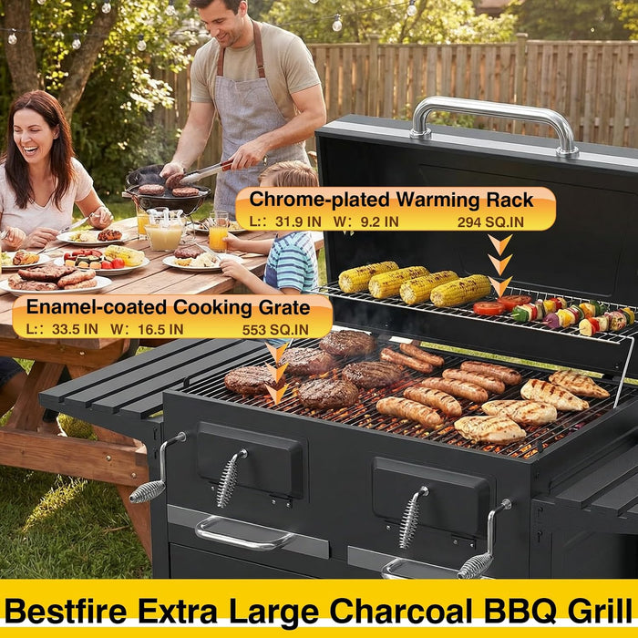 63" Oversized Charcoal BBQ Grill & Smoker, Large Outdoor Grill with 2 Individual Lifting Charcoal Trays, Cabinet-Style Charcoal Grills with Foldable Side Tables, 4 Wheels, Asadores De Carbon