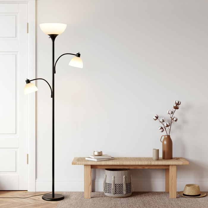 Sky Dome Double LED Floor Lamp, Torchiere Super Bright Floor Lamp with 2 Reading Lamps for Living Rooms & Offices - Dimmable Tall Standing Lamp for Bedroom Reading - Tall Black Pole