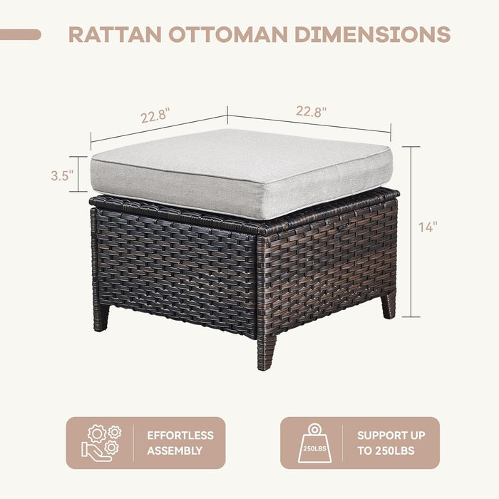 Patio Furniture Set 3PCS Conversation Set Wicker Sofa with 2 Rattan Ottomans Brown Wicker Beige Cushions Chrysanthemum Armest Rattan Couch Set for Garden Balcony Backyard Sunroom