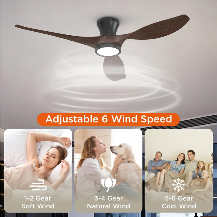 52 Inch Ceiling Fans with Led Lights Remote Control Flush Mount Low Profile for Bedroom Farmhouse Patio Outdoor Living Room Kitchen Dining Room,Dc Motor,Reversible,Buzzer On/Off,Black Walnut