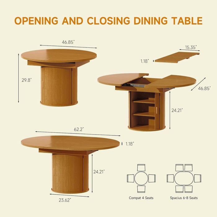 47"-63" Extendable round Dining Table for 4–8 with Storage, Mid Century Modern Farmhouse Wood Oval Dinner Table with Pedestal Base for Kitchen, Living Room (Yellow Walnut)