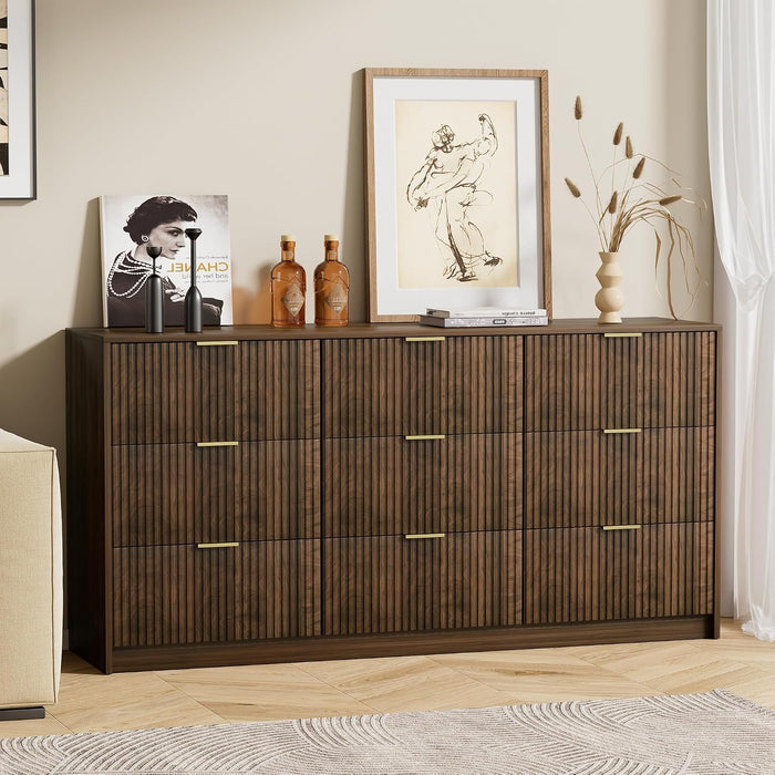 Walnut Dresser for Bedroom, Modern Dresser with 9 Drawers and Smooth Slides, Wide Chest of Drawers with Golden Handles for Bedroom, Living Room, Closet, 15.7" D X 63" W X 31.5" H