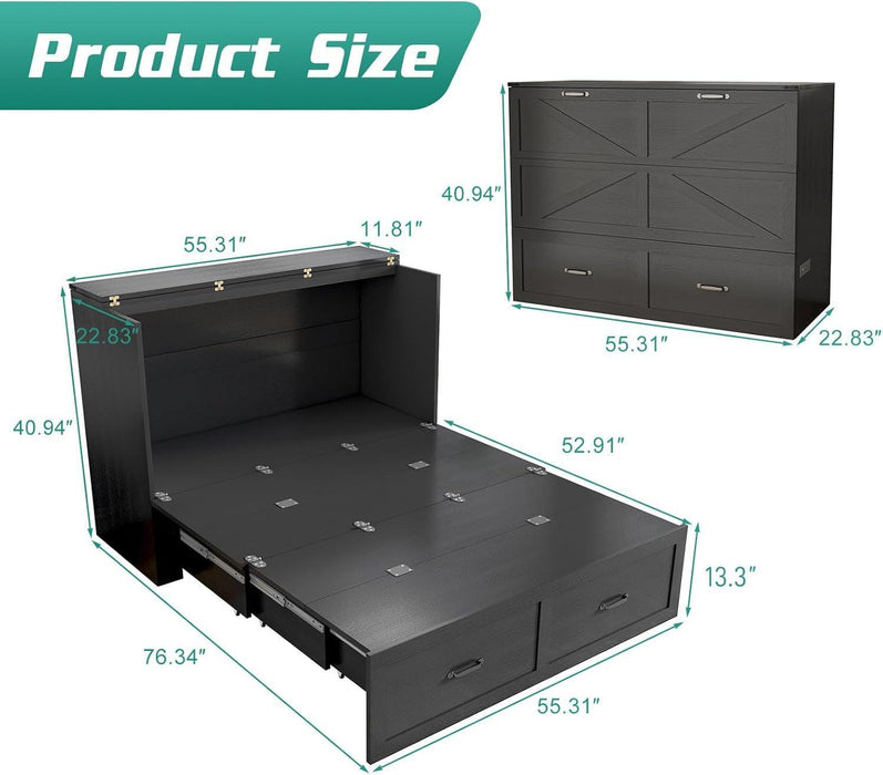 Full Size Murphy Chest Bed with Drawer and Charging Station, Farmhouse Wood Space-Saving Hidden Folding Bed Chest, Multifunctional Storage Cabinet Beds for Bedroom, Office, Black