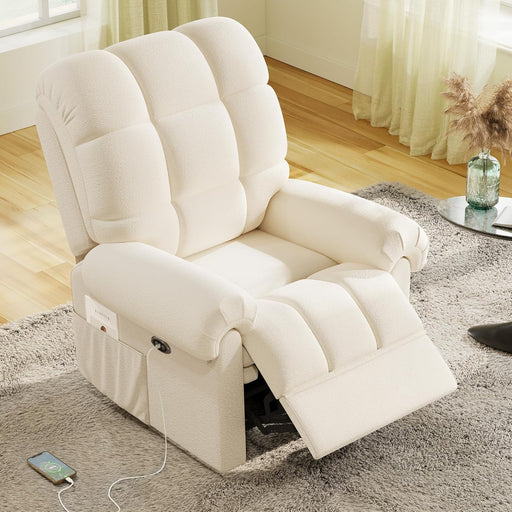 2024 New Power Recliner Chair for Adults, Adjustable Electric Recliner Power Recliner, USB Port, Ultra-Comfy Teddy Fleece Recliner for Living Room, Tool-Less Assembly Single Sofa, Beige White