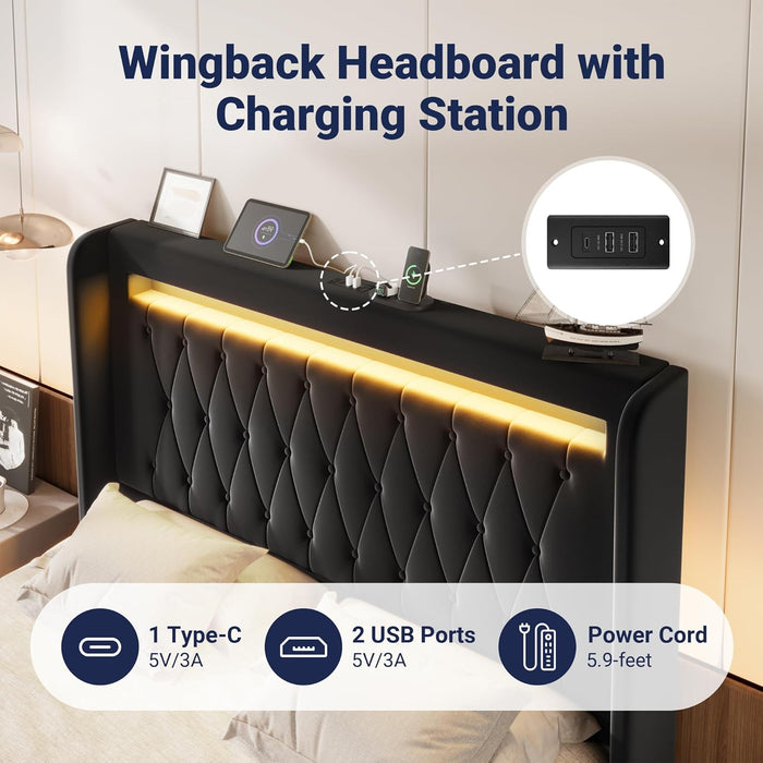 Upholstered Full Size Platform Bed Frame with LED Light and Charging Station, Button Tufted High Headboard, Wingback Design, Noise Free, Easy Assembly, No Box Spring Needed, Black