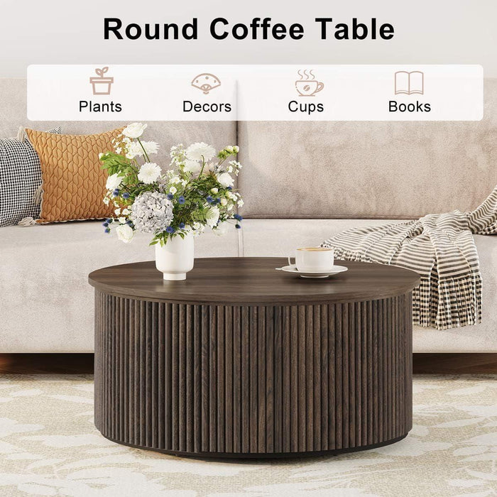 round Coffee Table, Fluted Woodern Center Table with Storage, Mid-Century Modern Cocktail Tables for Small Space, Living Room, Bedroom (31.5 Inch, Dark Walnut)