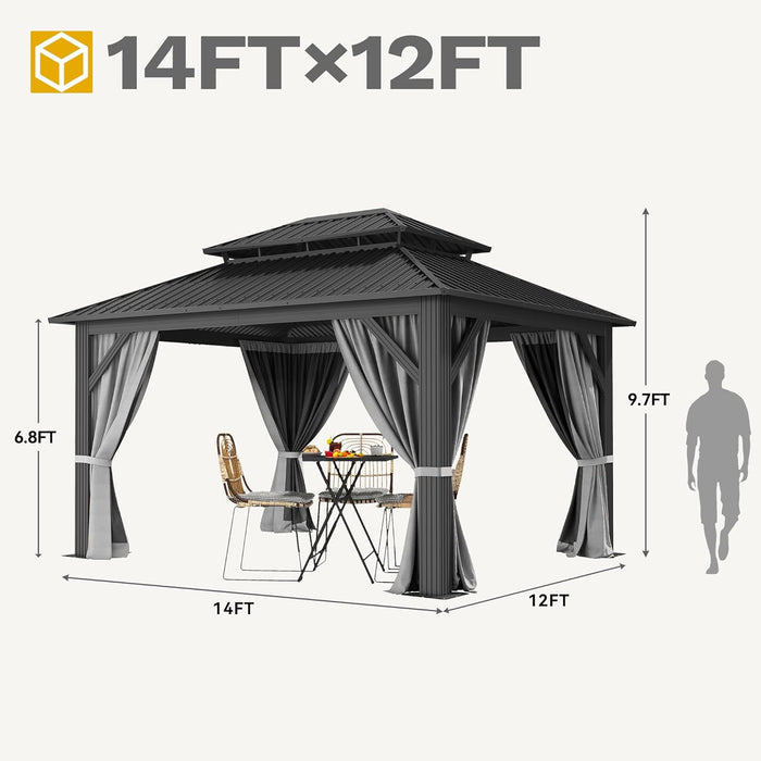 12X14Ft Hardtop Gazebo Double Roof with Nettings and Curtains, Heavy Duty Galvanized Steel Outdoor Roof for Patio, Backyard, Deck, Lawns, Gray