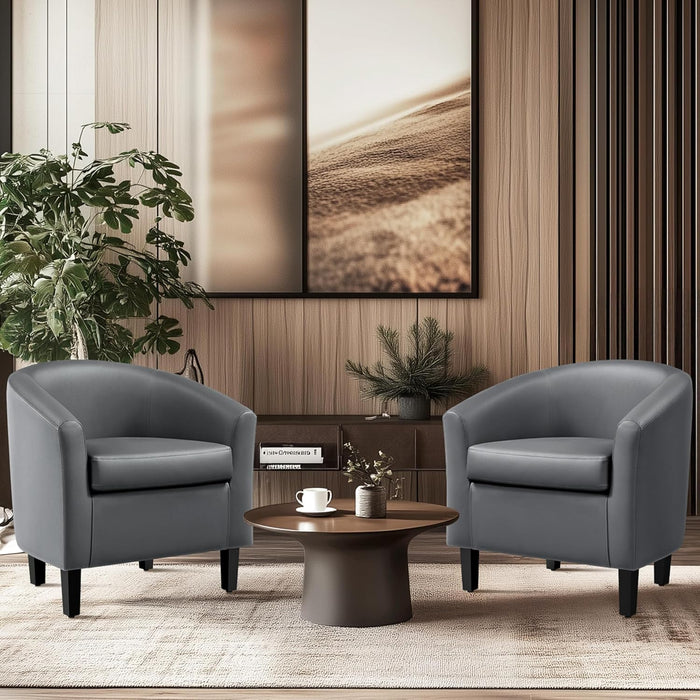 Gray Faux Leather Sophisticated Barrel Chairs Pair
