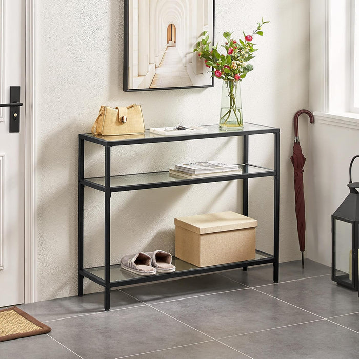 Yaheetech 39.5" Console Table with 3 Storage Shelves,Tempered Glass Sofa Table, Modern Entryway Tables with Metal Frame for Hallway Living Room Bedroom, Easy Assembly, Black