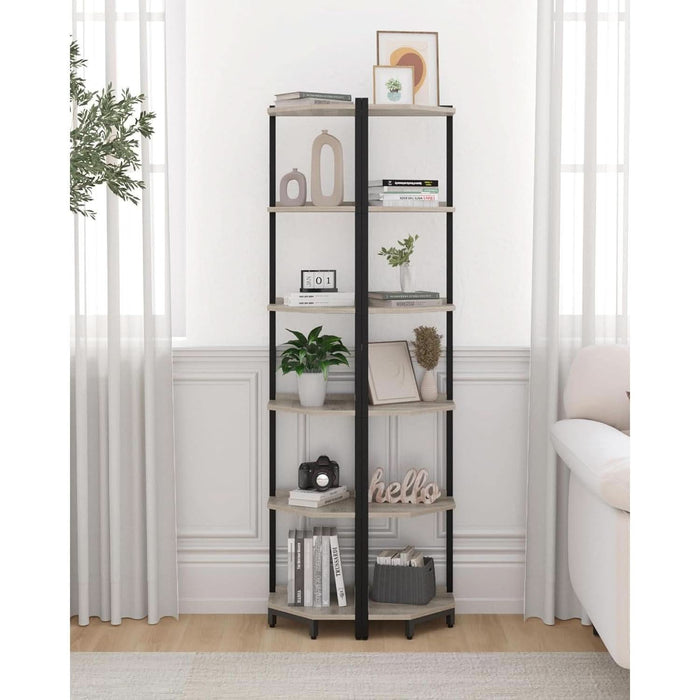 Corner Shelf Stand, Corner Bookshelf, Storage Standing Shelf Unit with Metal Frame, Plant Stand, Corner Bookcase for Living Room, Home Office, Bedroom, 6-Tier Greige CS06005B