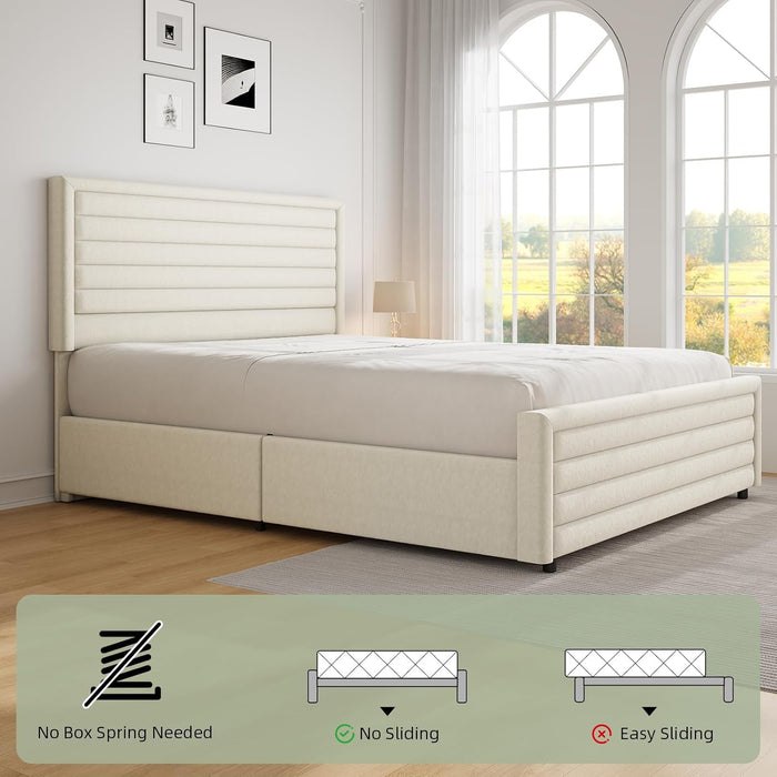 Full Size Bed Frame, Upholstered Platform Bed with Velvet Headboard and Footboard, Mattress Foundation with Wooden Slats, No Box Spring Required, Easy Assembly, Beige