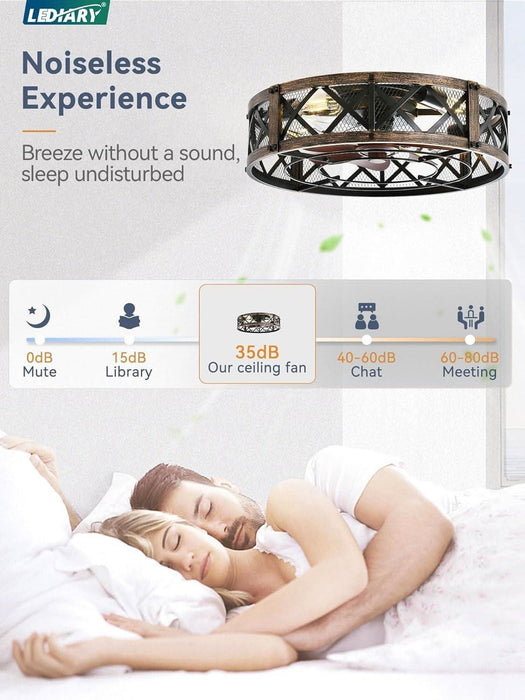 20" Caged Ceiling Fan with Light, App&Remote Control, Small Flush Mount Farmhouse Fan Lights, Low Profile Rustic Bladeless Ceiling Fan Fixtures for Bedroom, Kitchen-Black Gold Color