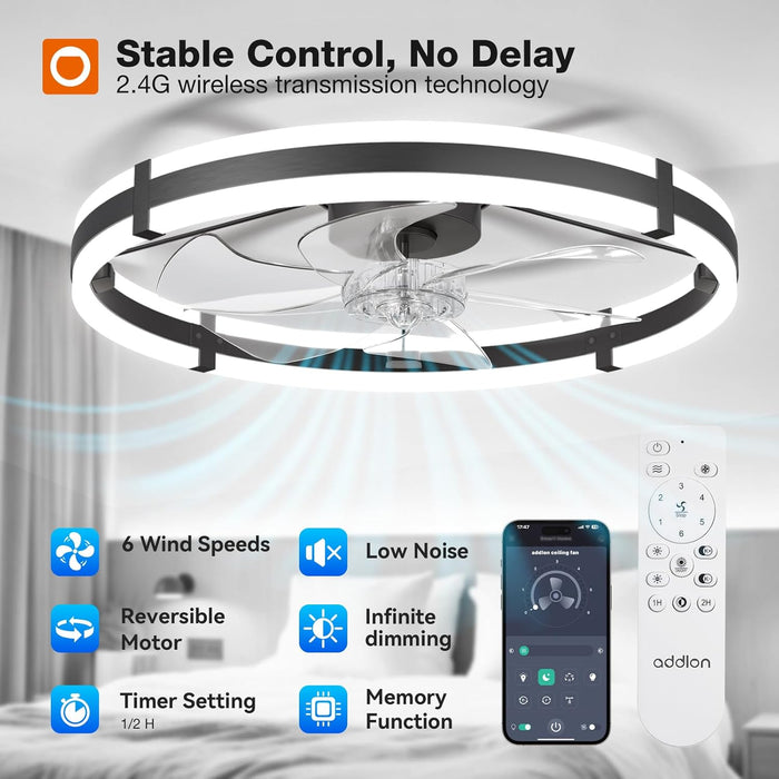 24'' Ceiling Fans with Lights and Remote, Low Profile Flush Mount Ceiling Fan with Light, 3000-6000K Dimmable LED Fandelier, Modern Small Black Ceiling Fan for Bedroom, Kitchen, Living Room