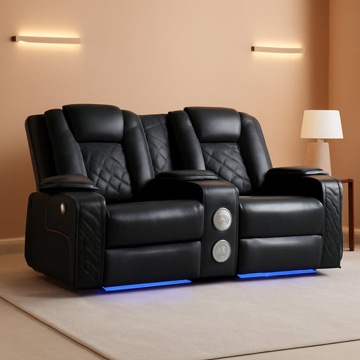Home Theater Seating Seats, Power Loveseat Recliner Sofa with Center Console, Game Movie Reclining Couch with Ambient Lighting, Cup Holder, USB Ports, Bluetooth Speakers for Living Room, Black