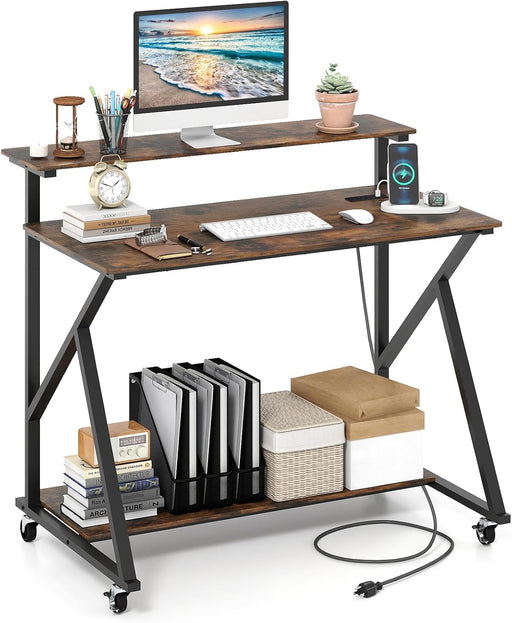 Rolling Computer Desk with Charging Station, Mobile Portable Laptop Desk with Monitor Stand & Storage Shelf, Small Desk with Lockable Wheels for Small Spaces, Home Office (Rustic Brown)