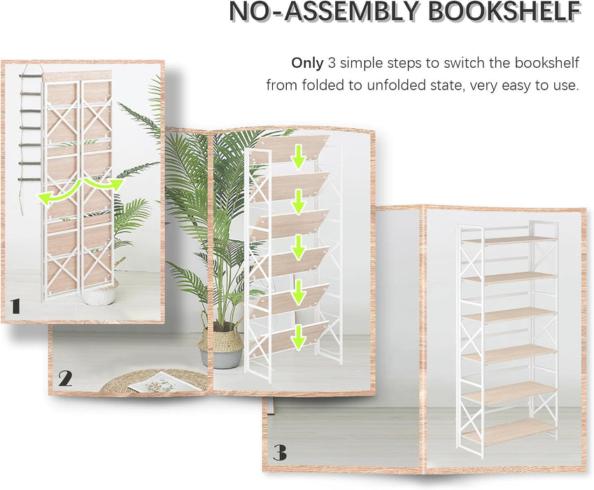 6 Tiers No Assembly Book Shelves, 61.8" H Folding Bookshelf Bookcase Open Industrial Foldable Shelves for Bedroom, Living Room, Home Office - Natural White