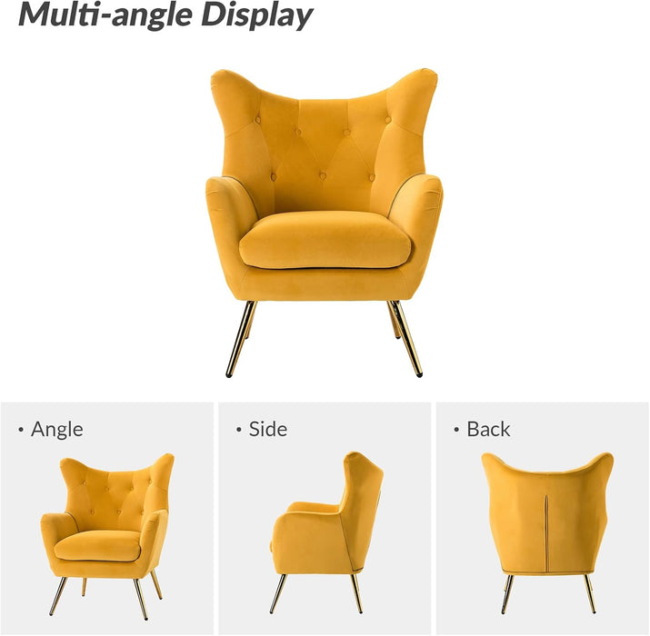 Velvet Mustard Wingback Accent Armchair With Tufting