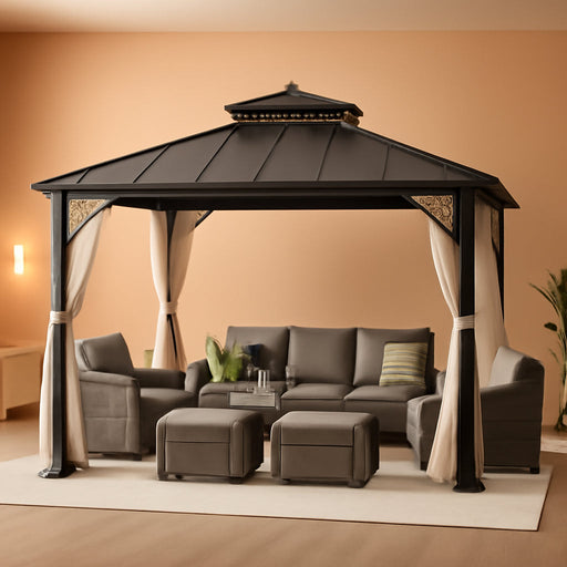 Hardtop Gazebo 11 X 13 Ft. Outdoor Patio Black Metal Gazebo with Double Tiered, Ceiling Hook and Mesh Netting, Black