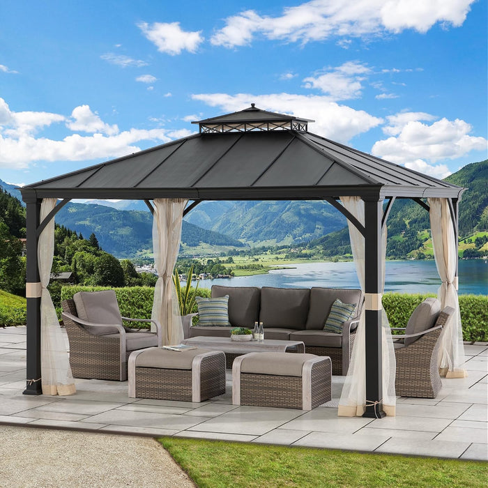 Hardtop Gazebo 11 X 13 Ft. Outdoor Patio Black Metal Gazebo with Double Tiered, Ceiling Hook and Mesh Netting, Black