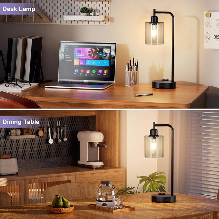 Industrial Touch Bedroom Lamps for Bedrooms Set of 2-3-Way Dimmable Table Lamps with USB C+A Ports and Outlet, Bedside Lamps with Gray Glass Shade for Living Room, Desk Lamps for Home Office