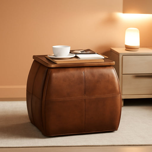 Genuine Leather Square Pouf Ottoman Footstool for Living Room, Bedroom, Indoor (Brown)